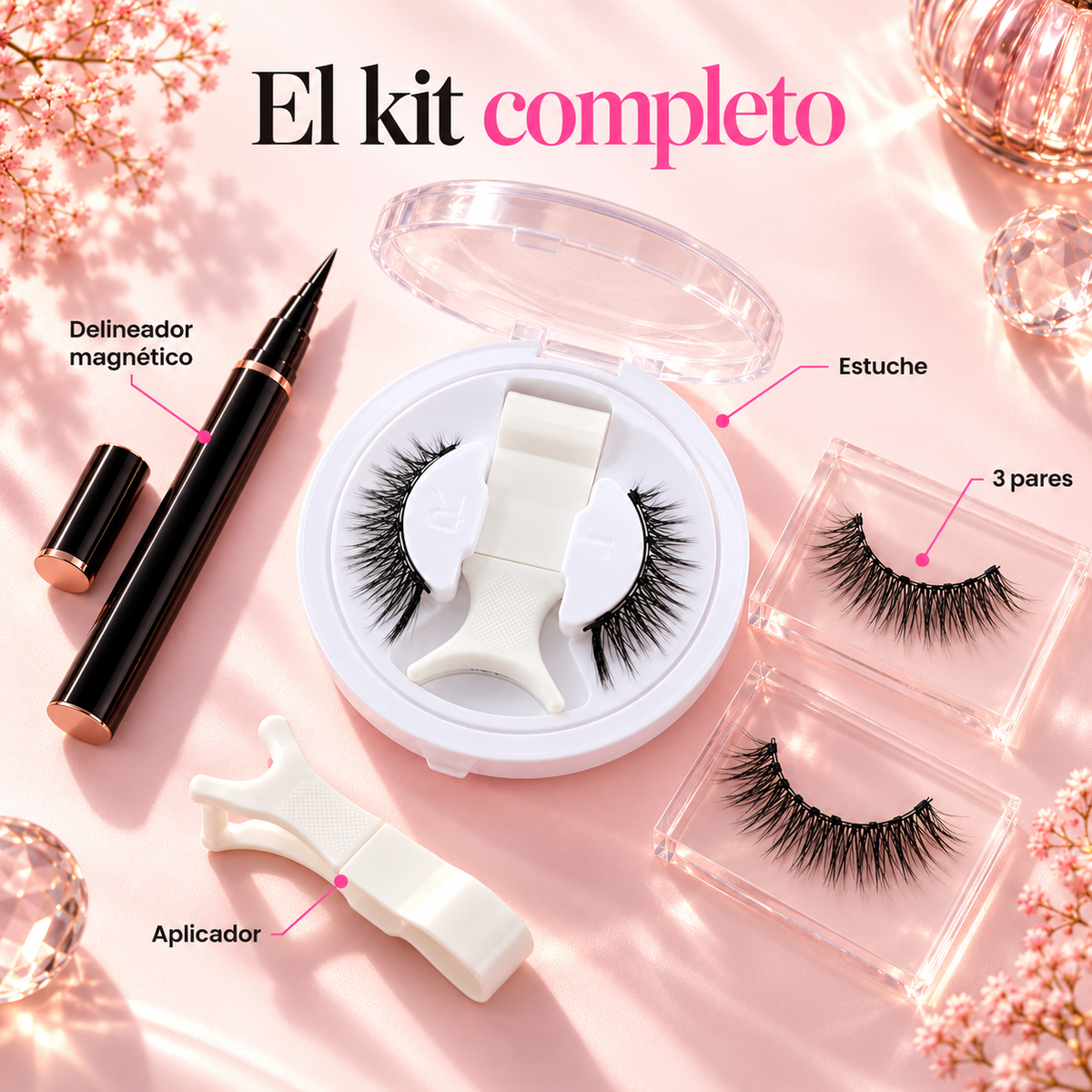 Qué incluye el kit: delineador magnético, aplicador, 3 pares y estuche